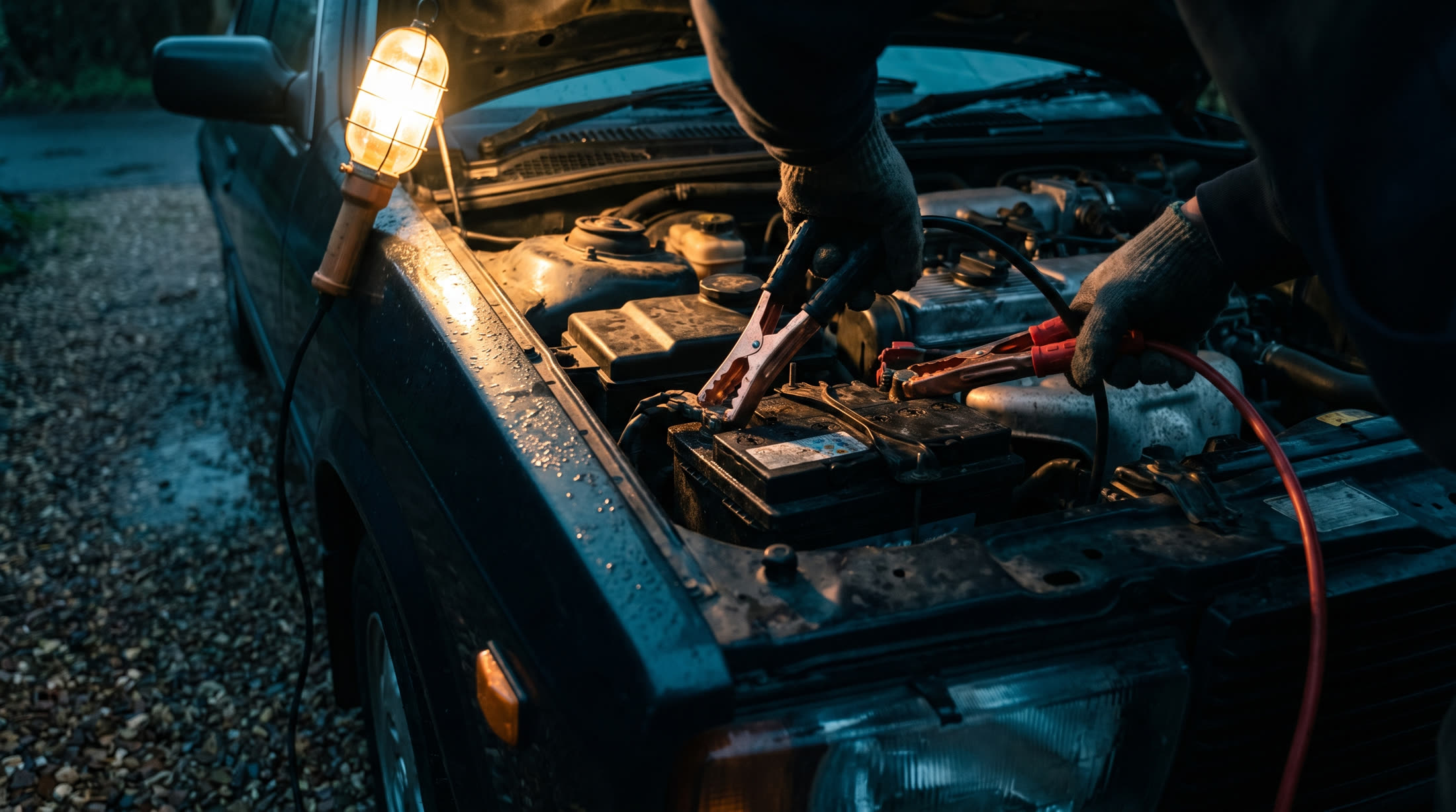 Hands clipping jumper cable clamps to a car battery at night