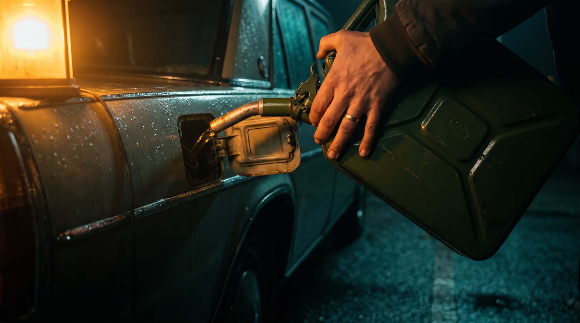Fuel being poured from a jerry can into a car at night
