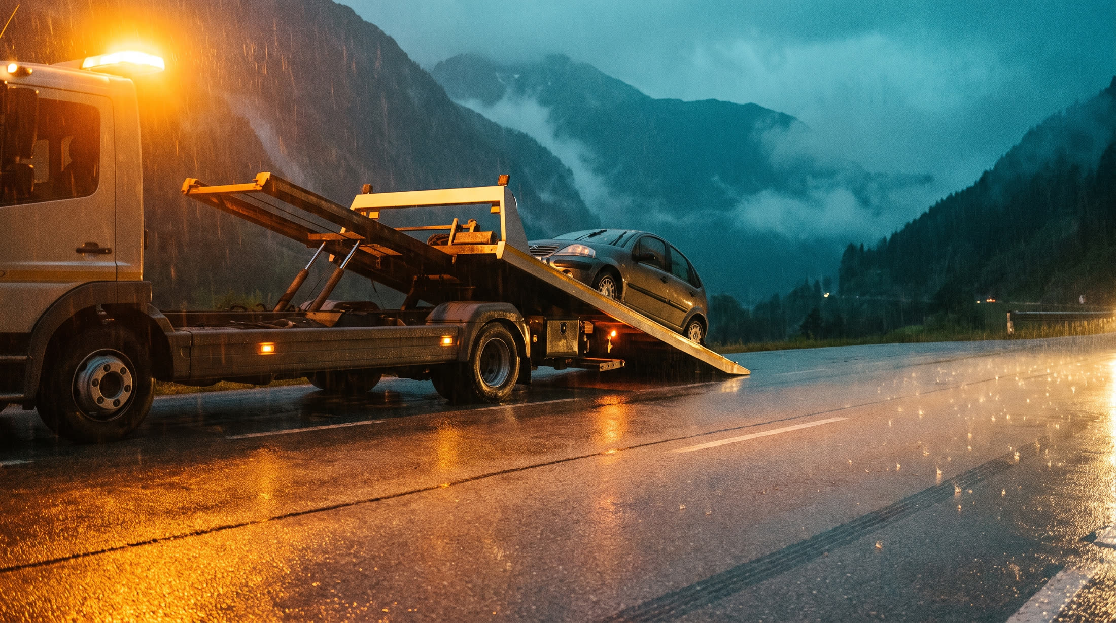A flatbed recovery truck loading a car on a mountain road at night