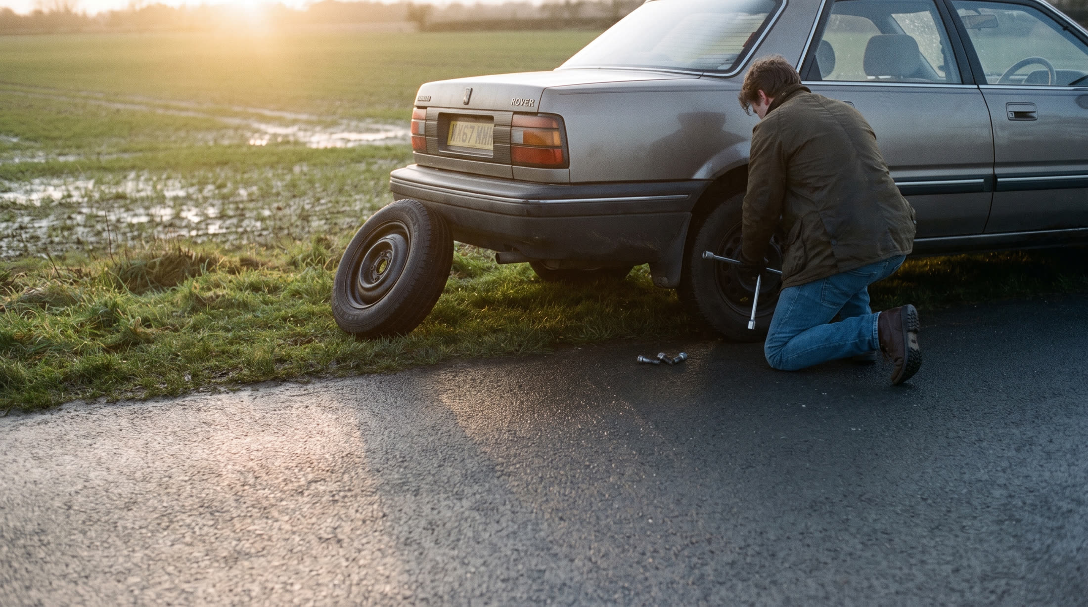 A person changing a flat tyre at the roadside at dusk